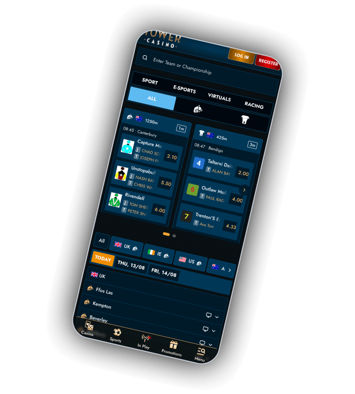 Sports betting screen with live fixtures, match markets and a bet slip